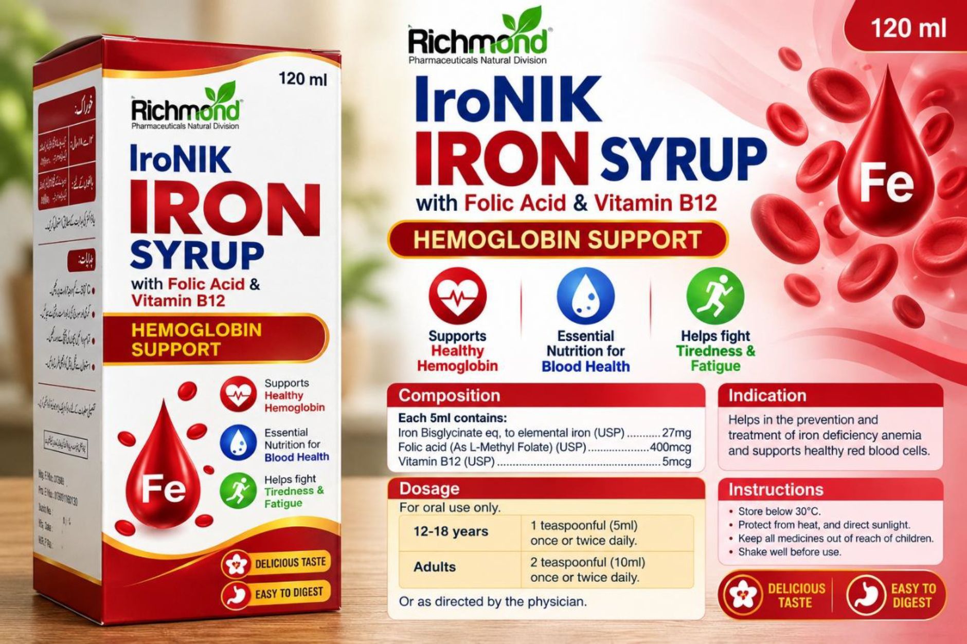 IronNIK Iron Syrup - IronNIK Iron Syrup 120ml with Folic Acid and Vitamin B12 by Richmond Pharmaceuticals